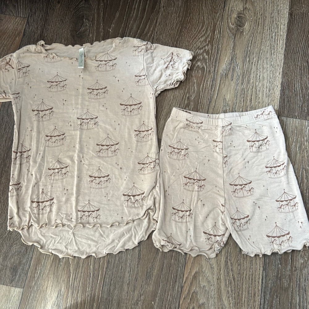 Rylee + Cru Kids Carousel Print Modal Pajama Set Beige Tan 2-3Y Short Sleeve